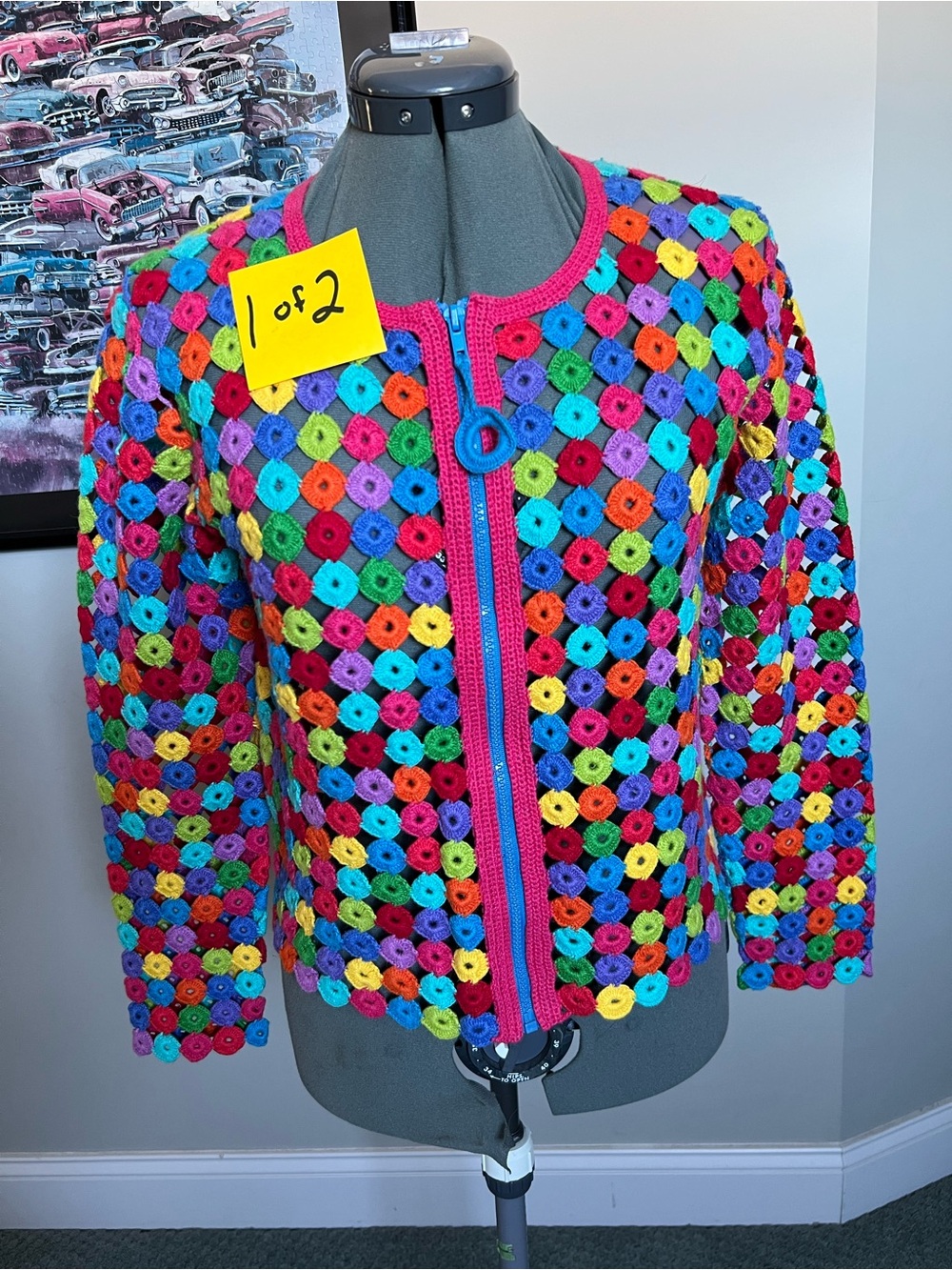 Michael Simon S Open Knit Crochet zip up Sweater Cardigan